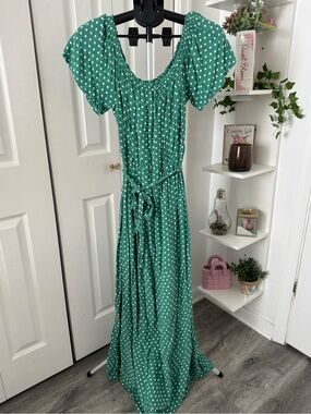 Green Polka Dot Maxi Dress with Tie Waist